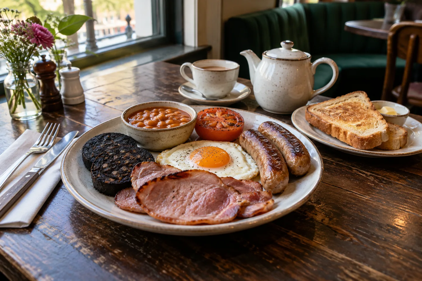 Een full English breakfast met back bacon, worstjes, ei, black pudding, bonen en toast op een cafétafel.