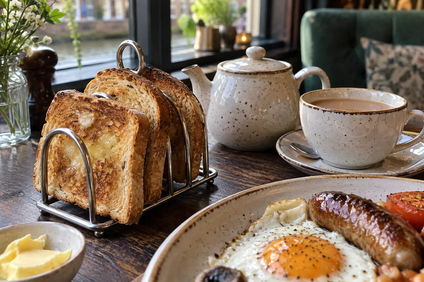 Toast, thee en een warm English breakfast klaar voor de ontbijtservice.