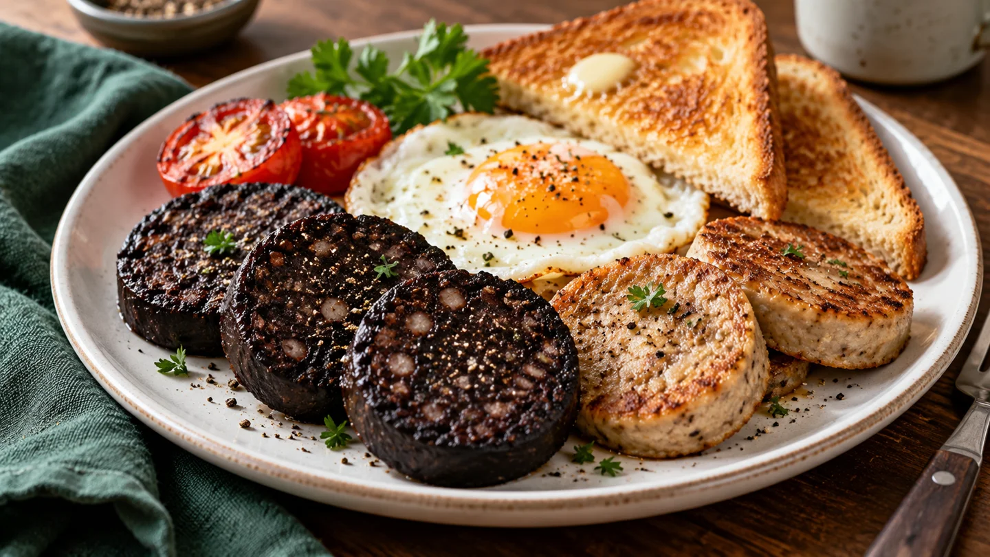 Black en white pudding geserveerd met ei en toast.