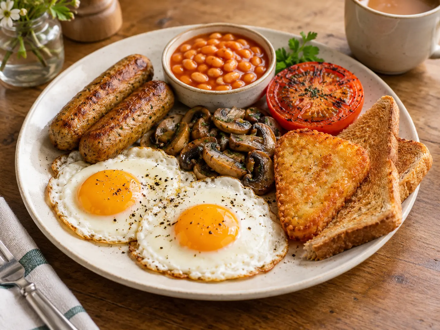 Een vegetarisch English breakfast met vegetarische worstjes, eieren, bonen, tomaat, champignons, hash browns en toast.