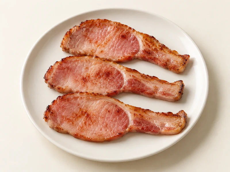 Gebakken back bacon geserveerd op een lichte keramische schaal.