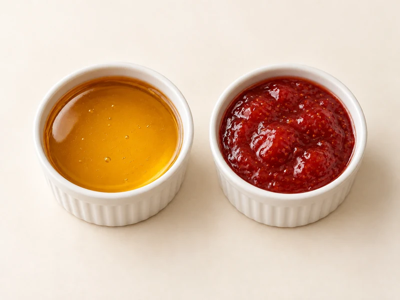 Porties honing en aardbeienjam voor ontbijtservice en calculatie.